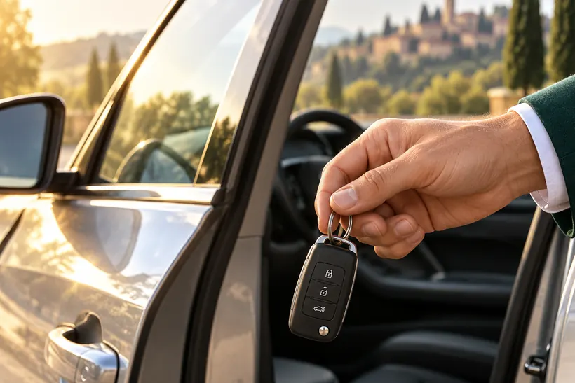 Mano che consegna le chiavi di un’auto a noleggio