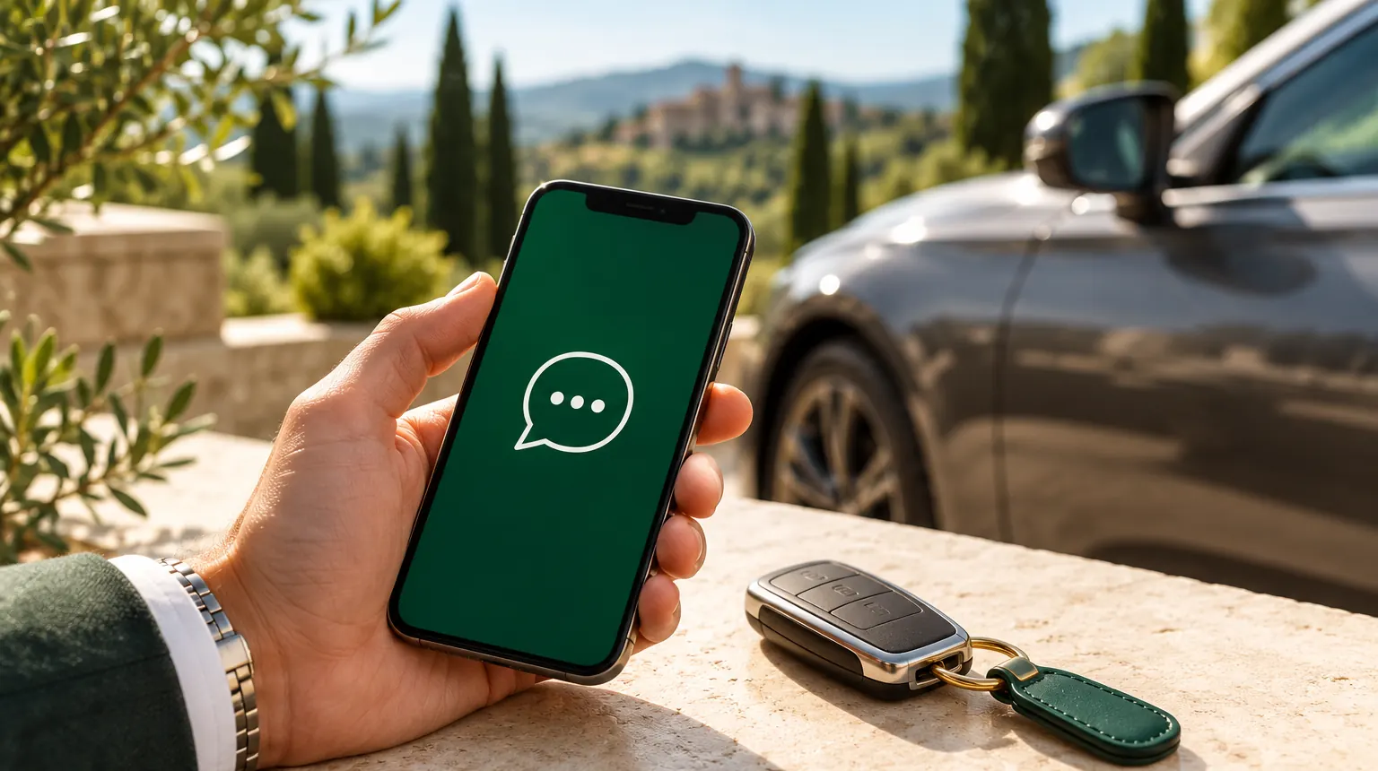 Telefono con un messaggio e le chiavi di un’auto a noleggio