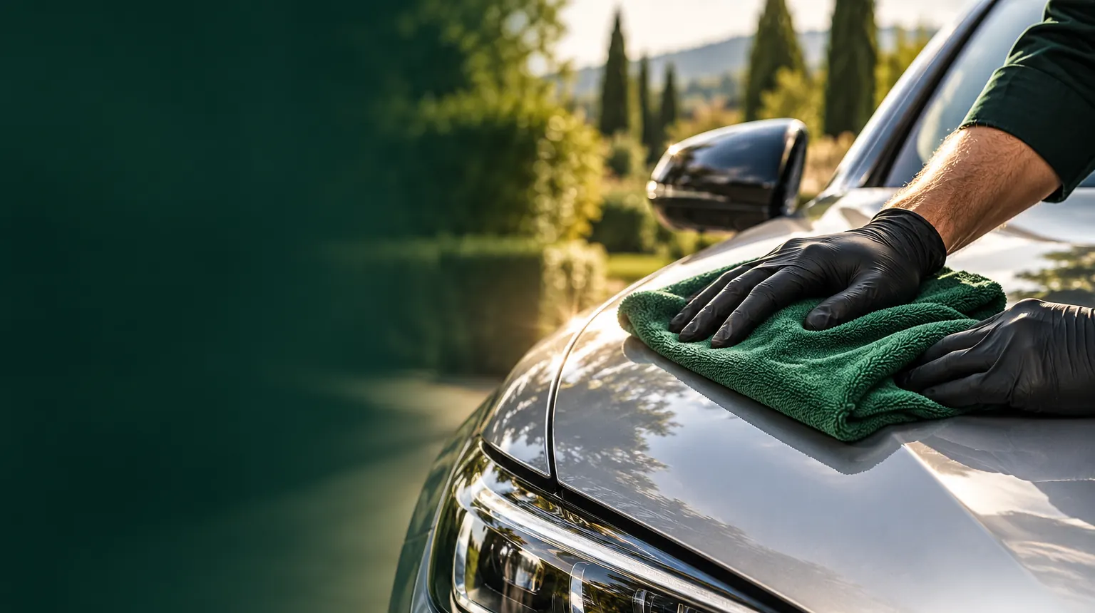 Mano con guanto e panno verde che asciuga il cofano di un’auto