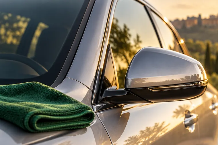 Specchietto di un’auto appena lucidata, con il panno verde sulla portiera